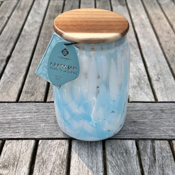 Murano Light Pastel Blue Confetti Glass Jar with Acacia Lid BPA Free Storage New - Picture 12 of 12